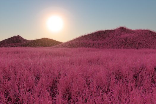 Grass field and mountains with bright background,3d rendering. Computer digital drawing.