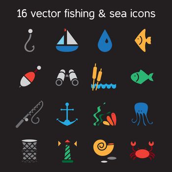 Isolated marine and fishing icons set. Vector