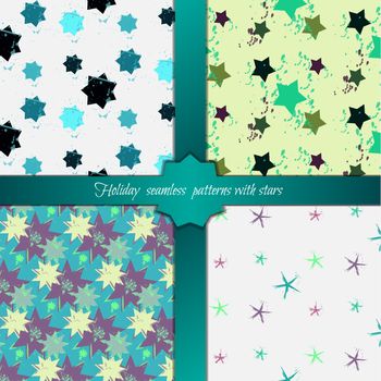 Grunge holiday colorful geometric seamless patterns set with stars. Vector
