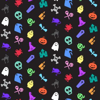 Halloween icons seamless pattern from animals, skull, bones and magic attributes for web and stickers. Vector