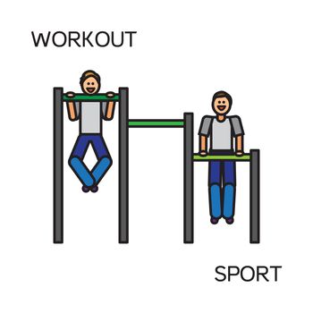 Sportman with sports equipment for street workout and pull-up bar. Vector