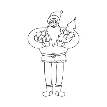 Merry Christmas greeting with Santa Claus or Father Frost with gift and fir in hands. Vector