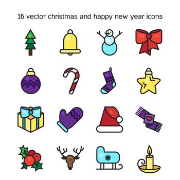 Merry Christmas icons set. Happy new year symbols. Winter holiday signs. Vector