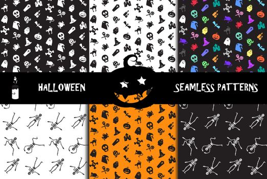 Halloween icons seamless patterns set from animals, skull, skeletons, bones and magic attributes for web and stickers. Vector