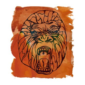 Growling detailed gorilla with aquarelle spot. Design for t-shirt, poster, bag. Vector