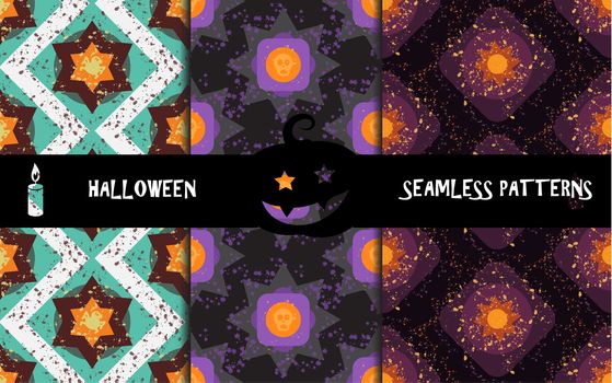 Grunge colorful halloween geometric seamless patterns with skull and spider. Vector