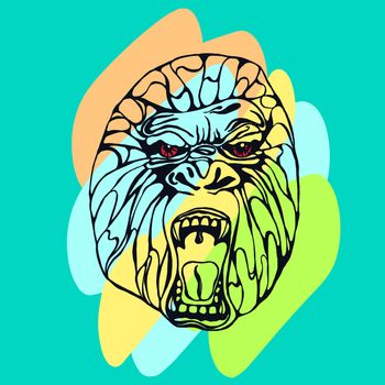 Growling detailed gorilla with color spots. Design for t-shirt, poster, bag. Vector