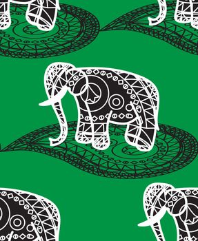 Seamless indian pattern and asian ornament with elephant. Vector