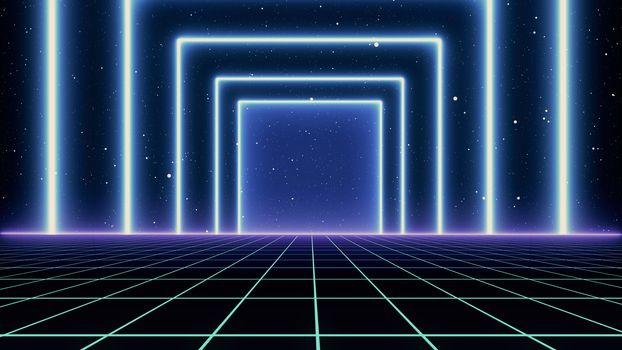 Retro Sci-Fi Background Futuristic landscape of the 80`s. Digital Cyber Surface. Suitable for design in the style of the 1980`s