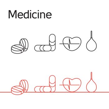Medicine icons set from cardiogram, pill and enema. Vector
