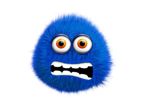 3d illustration. Blue furry monster without limbs with big eyes and grin isolated on white background.