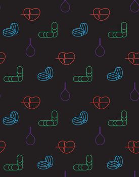 Medicine icons seamless pattern from cardiogram, pill, enema. Vector