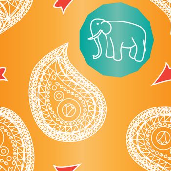 Seamless indian pattern and asian ornament with elephant. Vector