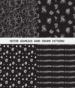 Hand drawn seamless patterns set, scribble style. Vector