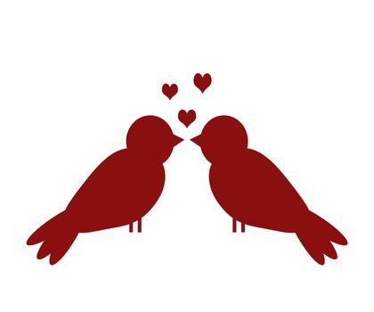 Cartoon love symbol. Two red silhouettes of birds with hearts isolated on white background.