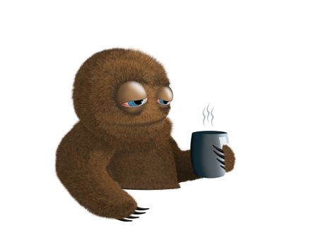 Funny illustration. Tired furry brown creature with cup of hot steaming coffee isolated on white background.