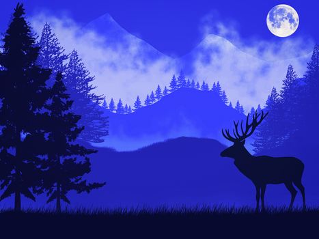 Illustration. Blue mountain landscape with silhouettes of deer and trees with fog and full moon.