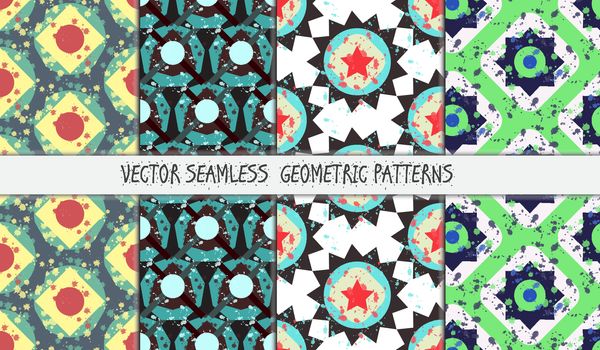 Grunge colorful geometric seamless patterns set. Vector