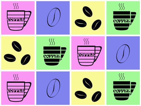 Illustration with coffee theme. Stylized symbols of coffee cups and coffee beans on pastel colored squares folded into a mosaic.