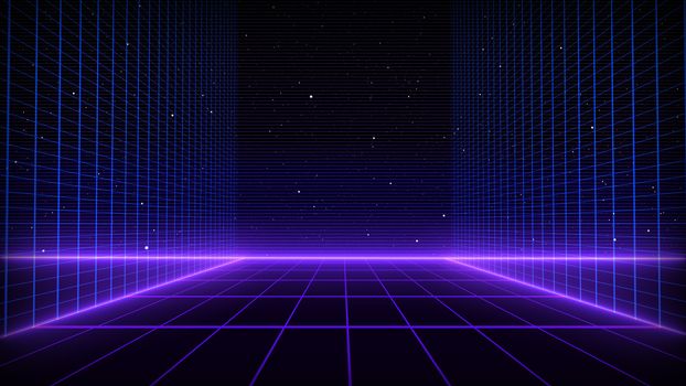 Retro Sci-Fi Background Futuristic landscape of the 80`s. Digital Cyber Surface. Suitable for design in the style of the 1980`s