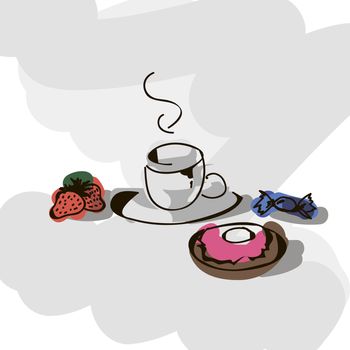 Breakfast from tasty tea, strawbwerry, candy and donut. Vector