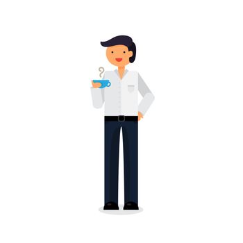 Office worker is drinking coffe or tea on break. Vector