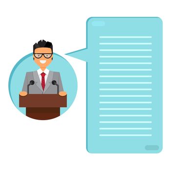 Professor or businessman on tribune. Professor of speech at the podium. Spech list. Template or blank with science and innovation concept.. Vector