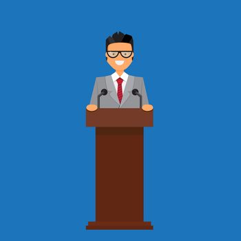 Professor or businessman on tribune. Professor of speech at the podium. Vector