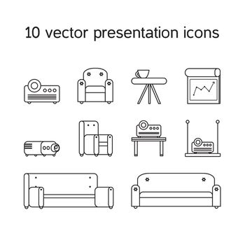 Office work icons set of projector, board bollard and comfortable seats for multimedia presentation sessions in modern style. Vector