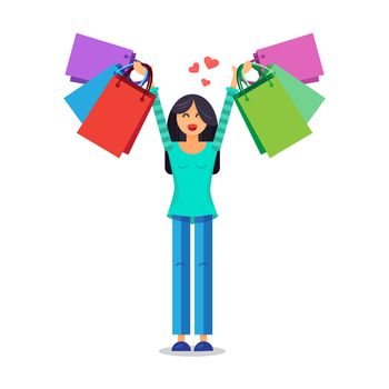 Girl with shopping bags. Sale action of the shop. Vector