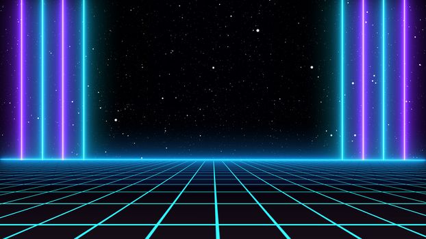 Retro Sci-Fi Background Futuristic landscape of the 80`s. Digital Cyber Surface. Suitable for design in the style of the 1980`s