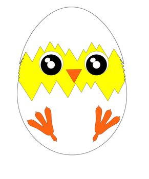 Cartoon illustration. Freshly hatched yellow chicken with egg shell isolated on white background.