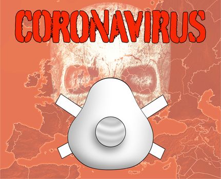 Red map of Europe with inscription coronavirus and skull with respirator. Deadly disease in Europe. Use a respirator to protect yourself.