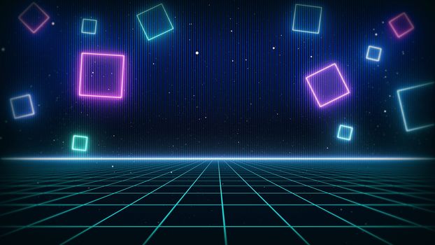 Retro Sci-Fi Background Futuristic landscape of the 80`s. Digital Cyber Surface. Suitable for design in the style of the 1980`s