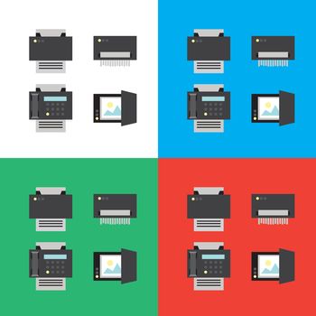 Print, scanner, fax and shredder flat icons or illustrations in vector, eps