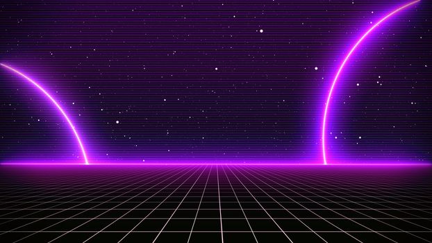 Retro Sci-Fi Background Futuristic landscape of the 80`s. Digital Cyber Surface. Suitable for design in the style of the 1980`s