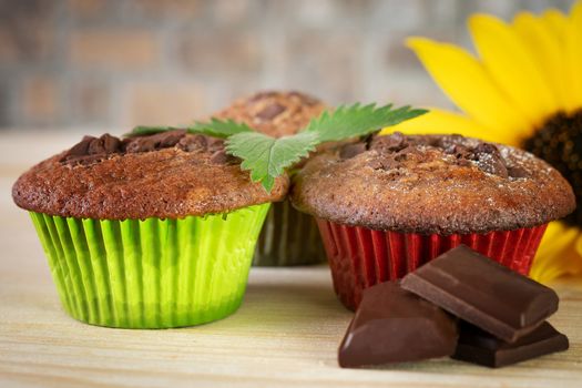 Muffins in colorful baskets with chocolate and sunflower on wooden table. Close up. Blurred foreground and background.