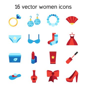 Woman accessories icons set of cosmetics, shoes, clothes and jewelry. Vector