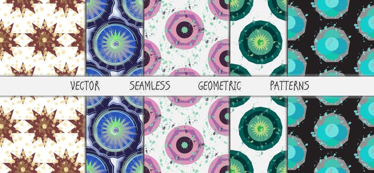 Grunge colorful geometric seamless patterns set. Vector