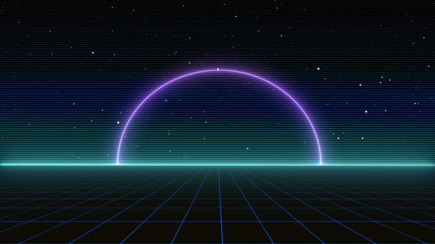 Retro Sci-Fi Background Futuristic landscape of the 80`s. Digital Cyber Surface. Suitable for design in the style of the 1980`s