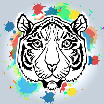 Illustration of isolated tiger head in vintage style with spots for textiles, print and tattoo. Line-art. Vector