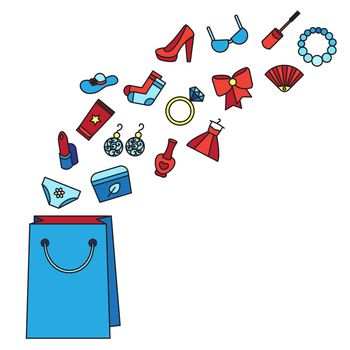 Woman things. Accessories and cosmetics, clothes, shoes and jewelry. Big sale poster with bag. Shopping concept. Vector