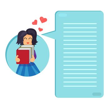 Girl hugging books. Love of reading. Thinking list. Template or blank with reading book concept. Vector