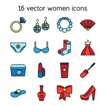 Woman accessories icons set of cosmetics, shoes, clothes and jewelry. Vector