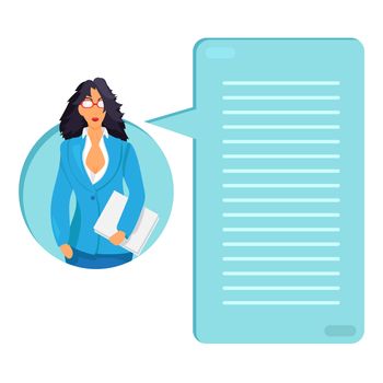Business lady with documents. Office dress code. Thinking list. Template or blank with job concept. Vector