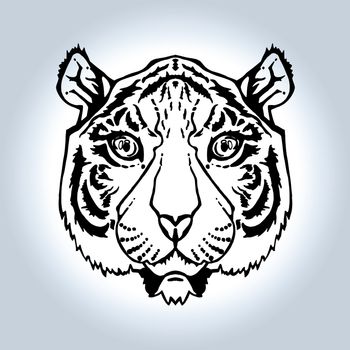 Illustration of isolated tiger head in vintage style for textiles, print and tattoo. Line-art. Vector