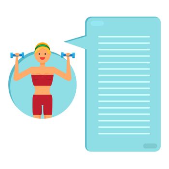 Happy fitness girl with dumbbells. Sport Woman. Thinking list. Template or blank with sport and fitness concept. Vector