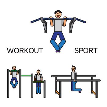 Sportman with sports equipment for street workout and pull-up bar. Vector