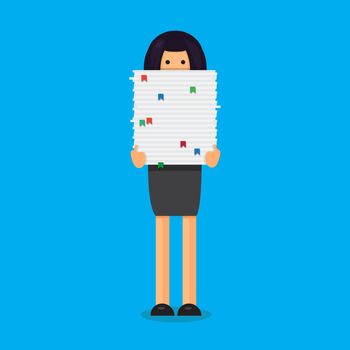 Office worker with big stack of paper. She has a lot of work. All hands' job illustration. Vector
