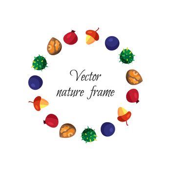 Vintage fruits frame from hazelnut and chestnut, briar and nuts. Vector